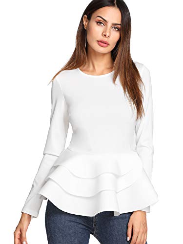 Romwe Women's Vintage Layered Ruffle Hem Slim Fit Round Neck Peplum Blouse