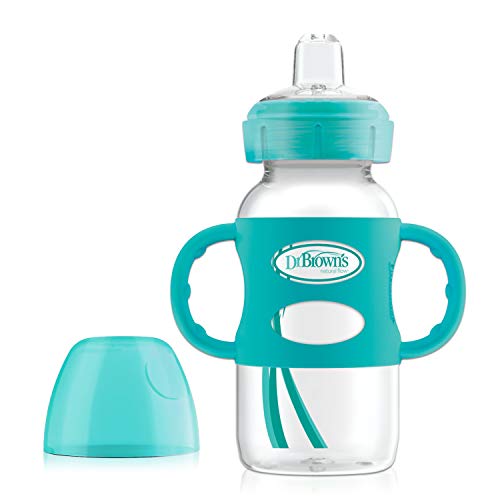Book Cover Dr. Brown's Options+ Wide-Neck Sippy Spout Baby Bottle with Silicone Handle, Turquoise, 9 Ounce