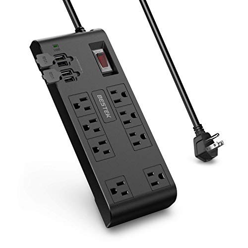 BESTEK 8-Outlet 12Ft Extension Cord Power Strip with USB 15A 1875W Surge Protector with 5V 4.2A 4 USB Charging Port Desktop Charging Station,600Joule,Ultra-Compact Wide Spaced Outlet for Large Charger