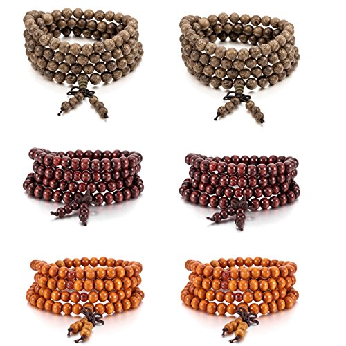 MOWOM 6PCS 8mm Wood Bracelet Link Wrist Necklace Chain Tibetan Buddhist Sandalwood Bead Prayer Buddha Mala Chinese Knot