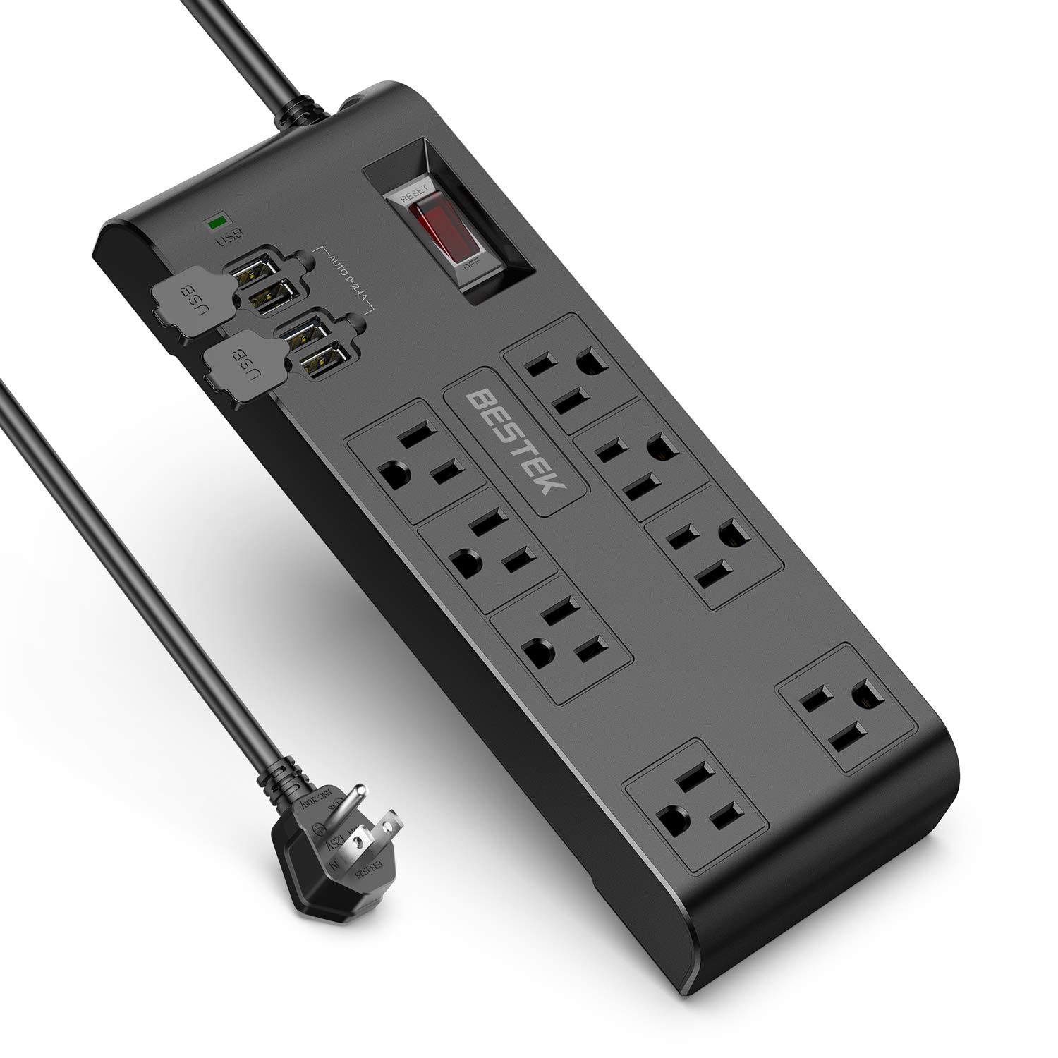 BESTEK 8-Outlet 10Ft Extension Cord Power Strip with USB 15A 1875W Surge Protector with 5V 4.2A 4 USB Charging Port Desktop Charging Station,600Joule,Ultra-Compact Wide Spaced Outlet for Large Charger 10Ft Black