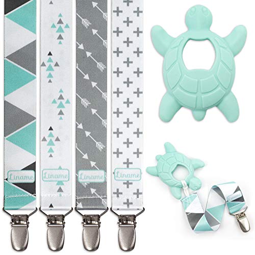 Book Cover Pacifier Clip with Teething Toy - 4 Pack Pacifier Holder for Boys and Girls - Binky Clips- Universal Pacifier Clips Fits Most Pacifiers, Soothers, Teething Toys and Baby Gifts (Mint, Metal Clips)