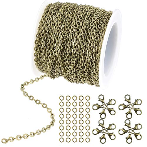 Book Cover WXJ13 36 Feet/12 Yards Bronze Color Plated Round Cable Link Chain Necklace with 20 Lobster Clasps and 30 Jump Rings for Necklace Jewelry Accessories DIY Making