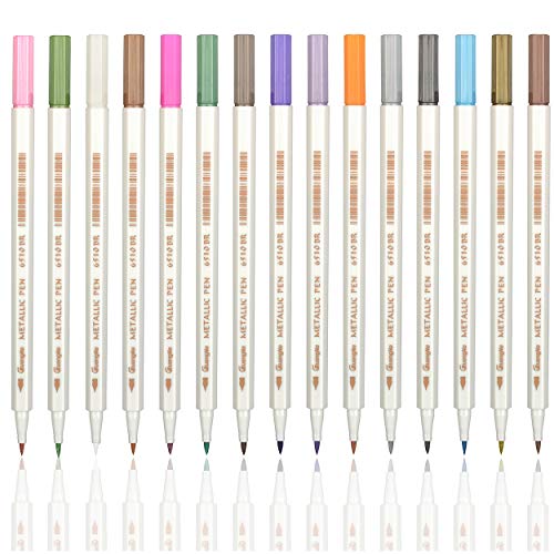 Metallic Marker Paint Pens, 15Colors Calligraphy Brush Pens for Brush Lettering, Easter Egg, Scrapbook DIY Photo Album, Art Rock Painting, Brush Tip