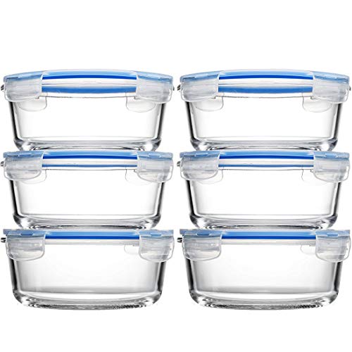 Superior Glass Round Meal Prep Containers -6pk (32oz) BPA-free Airtight Food Storage Containers with 100% Leak Proof Locking Lids, Freezer to Oven Safe Great on-the-go Portion Control Lunch Containers
