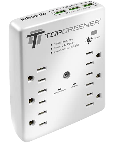 TOPGREENER 6-Outlet Extender Wall Mount Surge Protector Wall Tap, 900 Joules Surge Suppressor, 6.3A USB Ports, Auto Sensor LED Guide Light, 15A 125V Receptacles, UL Listed, TGSP615P68A3, White
