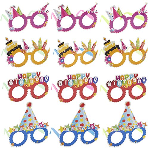 Happy Birthday Glasses - 12-Pack Paper Party Eyeglasses Frames, Birthday Party Supplies, Novelty Decoration Photo-Booth Prop Party Favors for Children and Adults, Random Assorted Designs