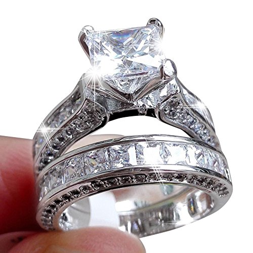 Book Cover WensLTD Clearance! 2-in-1 Womens Vintage White Diamond Silver Engagement Wedding Band Ring Set (#8, Silver)