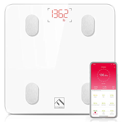 Book Cover FITINDEX Bluetooth Body Fat Scale, Smart Wireless BMI Bathroom Weight Scale Body Composition Monitor Health Analyzer with Smartphone App for Body Weight, Fat, Water, BMI, BMR, Muscle Mass - White