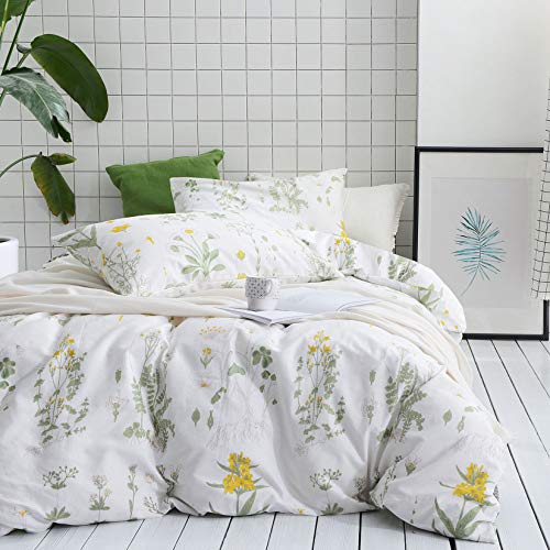Book Cover Wake In Cloud - Botanical Duvet Cover Set, 100% Cotton Bedding, Yellow Flowers and Green Leaves Floral Garden Pattern Printed on White (3pcs, Queen Size)