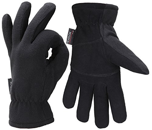 Book Cover Fantastic Zone Men Winter Gloves, -20Â°F Cold Proof Thermal Gloves, Deerskin Suede Leather Palm and Polar Fleece Back with Heatlok Insulated Cotton Layer - Keep Warm in Cold Weather, Black, L