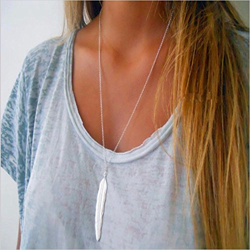 FXmimior Plume Feather Deck Shapped Plated Long Chic Essential Necklace Jewelry For Women