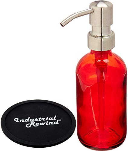 Book Cover Industrial Rewind Red Soap Dispenser with Stainless Steel Pump and Non Slip Coster - 8oz Red Glass Soap Bottle or Lotion Bottle (Red/Stainless)