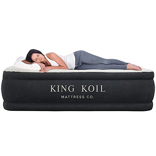 King Koil California King Luxury Raised Air Mattress with Built-in 120V AC High Capacity Internal Pump Comfort Quilt Top California King Airbed for Home Camping Travel 1-Year Manufacturer Guarantee