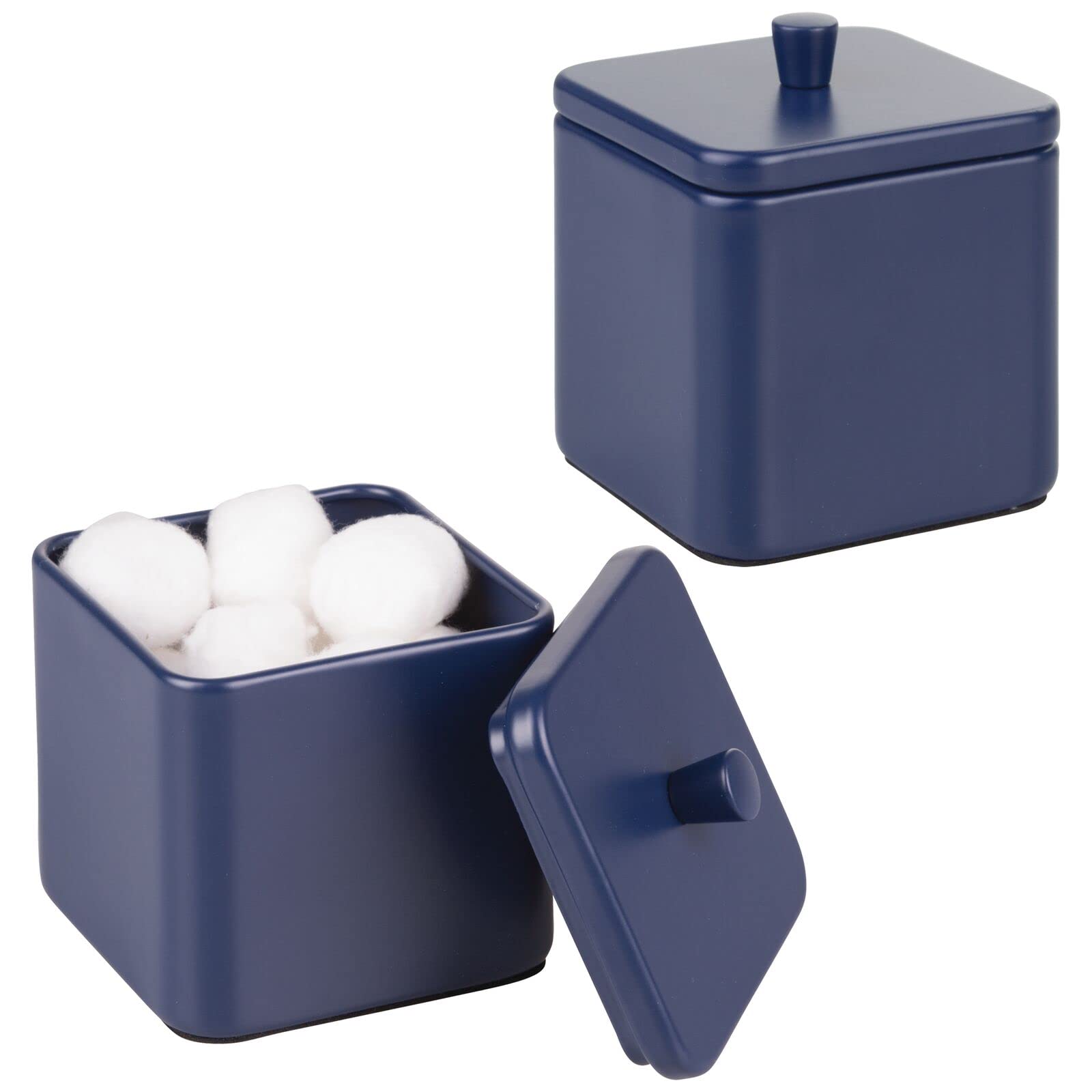 Book Cover mDesign Small Metal Square Bathroom Apothecary Storage Organizer Canister Jars with Lid - Organization Holders for Vanity, Makeup Tables - Unity Collection, 2 Pack - Navy Blue Matte Navy