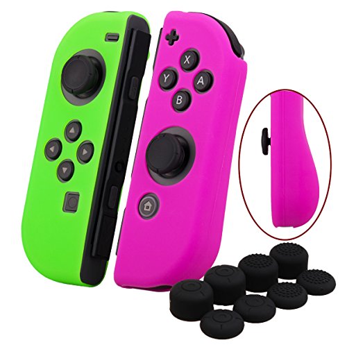 YoRHa Hand grip Silicone Cover Skin Case x 2 for Switch/NS/NX Joy-Con controller (dark pink+green) With Joy-Con thumb grips x 8