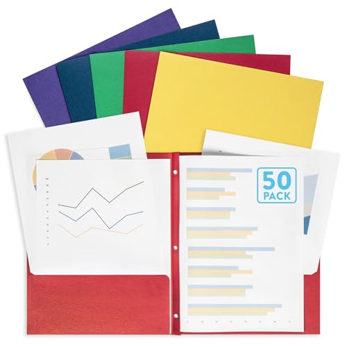 Blue Summit Supplies 50 Two Pocket Folders with Prongs Bulk, 3 Prong Folders with Pockets Bulk, Paper 2 Pocket, Designed for Office and Classroom Use, Assorted 5 Colors