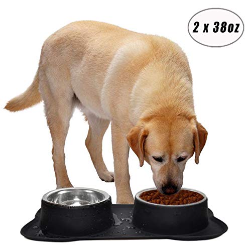 Book Cover Easeurlife Stainless Steel Dog Bowl Set 2 x 38oz No Spill/Non-Skid Silicone Mat Double Pet Bowls Set for Medium Dogs, Each Bowl About 1100ml Black