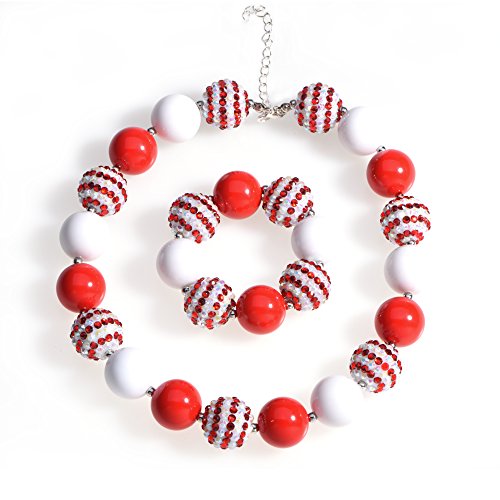 Bling Bling Red White Christmas Valentine Day Chunky Bubblegum Beaded Necklace and Bracelet Set with Gift Box for Baby Toddler Girls