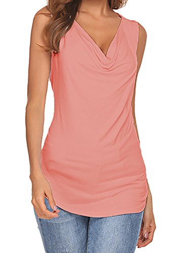 Qearal Womens Cowl Neck Ruched Sleeveless Blouse Casual Slim Fitted Shirt Tank Tops