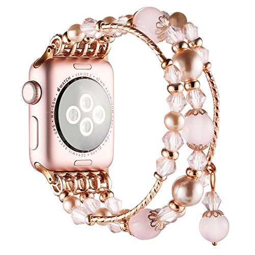 Simpeak Replacement iWatch Band Women Girl Fashion Beaded Elastic Bracelet Band Strap for 42mm 44mm Apple Watch Series 4 2018, Series 3, Series 2, Series 1, Rose Pink