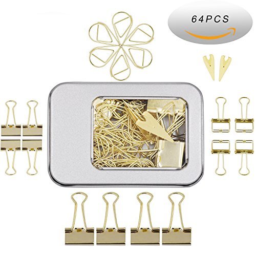 12 Pcs Binder Clips and 2 Pcs Bookmarker and 50 Pcs Paper Clips,Assorted Size Gold Clips with Storage Case ONE Box