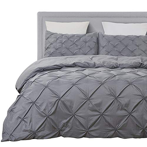 Vaulia Soft Microfiber Duvet Cover Sets, Grey Pintuck Pinch Pleat Pattern King Size, 3-Piece Set (1 Duvet Cover, 2 Pillow Shams)