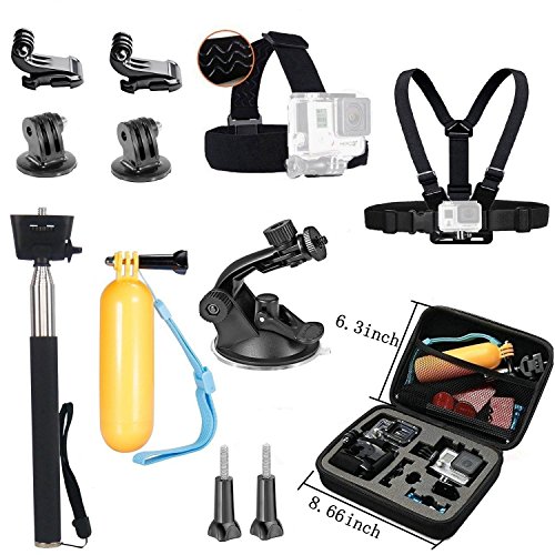 VVHOOY Action Camera Middle Carry Case Bundle with Head Chest Strap Mount/Selfie Stick/Floating Handle Grip/Suction Cup Mount Compatible with Gopro Style Action Cameraveon CX/Campark Camera