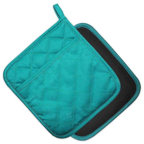 YEKOO Cotton and Neoprene Oven Pot Holder with Pocket 8"x8.5" Dual-Function Hot Pad Set for Finger Hand Wrist Protection Heat Resistant to 428Â°F Teal