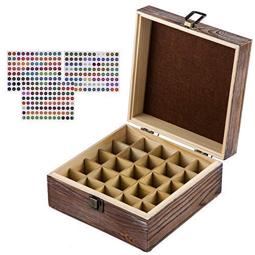 HABOM Rustic Essential Oil Wooden Storage Box - with 25 Slots for 5, 10, 15ml Bottles, Essential Oils Wooden Case Perfect for Display & Presentation (dark brown)