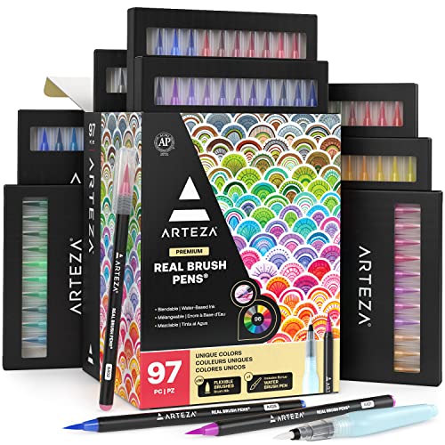 ARTEZA Real Brush Pens, 96 Drawing Pens Pack, Flexible Brush Tips, Professional Watercolor Pens, Drawing Markers, Non-Toxic, for Artists, Hobbyists, and Calligraphy Enthusiasts