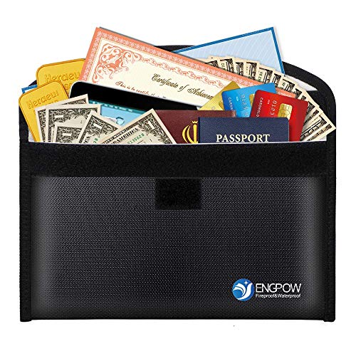 Fireproof Money Bag ENGPOW Safe Envelope for Cash 10.2"x6"Small Fireproof and Waterproof Bag for Bank Deposit,Passport,Jewelry, Important Documents, Black-M