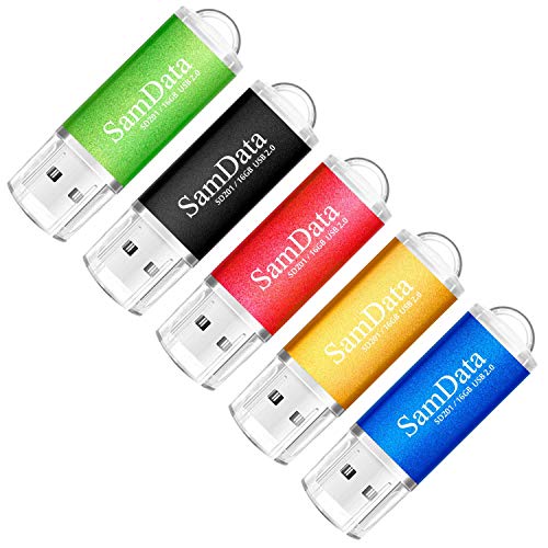 SamData 5 Pack 16GB USB 2.0 Flash Drive Thumb Drives Memory Stick, 5 Colors: Black Blue Green Gold Red