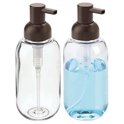 mDesign Set of 2 Refillable Soap Dispenser – Round-Shaped Liquid Hand Soap Dispenser – Plastic Soap Dispenser with Coloured Pump Head Kitchen And Bathroom Accessories – Clear/Bronze