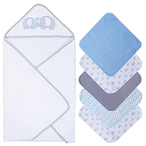 saftan Baby Bath Hooded Towels Set with 5 Baby Washcloths, Super Soft and Absorbent Baby Towel and Face Cloths for Newborn, Baby Essentials for Newborn Boys and Girls, Gery Elephant