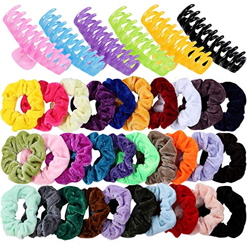 30 Pcs Velvet Hair Scrunchies 6 Pcs Large Hair Claw Clips Nonslip Big Banana Hair Jaw Clamp Elastic Hair Bands Hair Ties Ropes Hair Accessories for Women Girls Teens (30 Scrunchies, 6 Hair Claw Clips)
