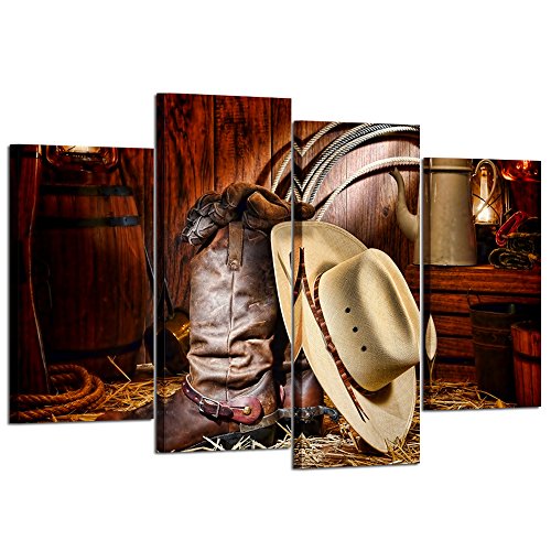 Book Cover Kreative Arts - 4 Pieces Canvas Prints Wall Art American West Rodeo Cowboy White Straw Hat on Leather Rancher Roper Boots Vintage Style Stretched Gallery Canvas Wrap Giclee Print Ready to Hang