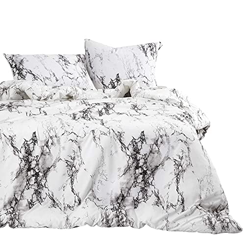 Wake In Cloud - Marble Duvet Cover Set, Black White and Gray Grey Modern Pattern Printed, Soft Microfiber Bedding with Zipper Closure (3pcs, Full Size)