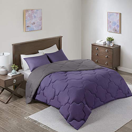 Book Cover Comfort Spaces Vixie Reversible Comforter Set - Modern Geometric Quaterfoil Cloud Quilted Design, All Season Down Alternative Bedding, Matching Shams, Purple/Charcoal King(104