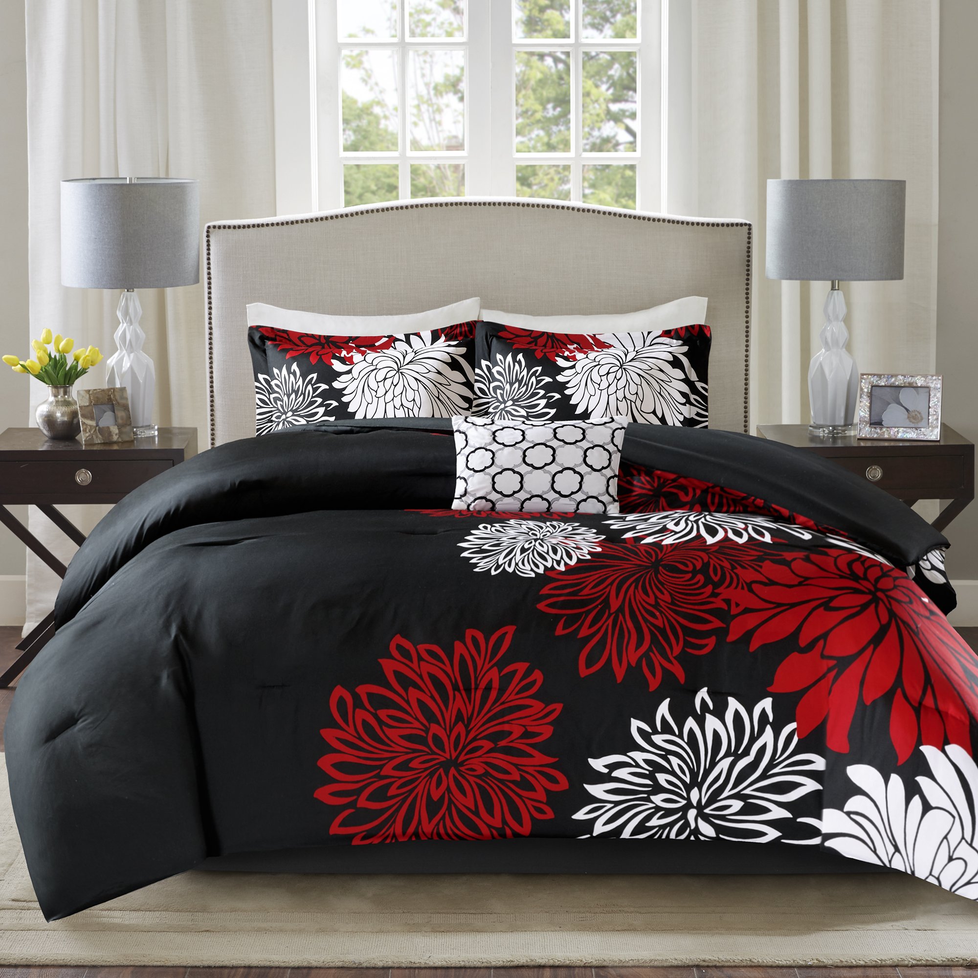Comfort Spaces Enya Comforter Set-Modern Floral Design All Season Down Alternative Bedding, Matching Shams, Bedskirt, Decorative Pillows, Queen(90"x90"), Red/Black Red/Black Queen (90 in x 90 in)
