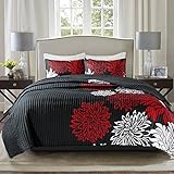 Comfort Spaces Enya Quilt Set - Casual Floral Print Channel Stitching Design, All Season, Lightweight Coverlet, Cozy Bedding, Matching Shams, Decorative Pillows, Full/Queen(90"x90"),Red/Black 3 Piece