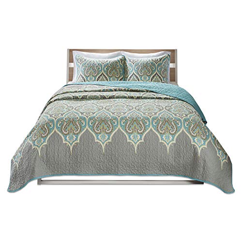 Book Cover Comfort Spaces Mona 3 Piece Quilt Coverlet Bedspread Ultra Soft 100% Cotton Paisley Pattern Hypoallergenic Bedding Set, King, Teal