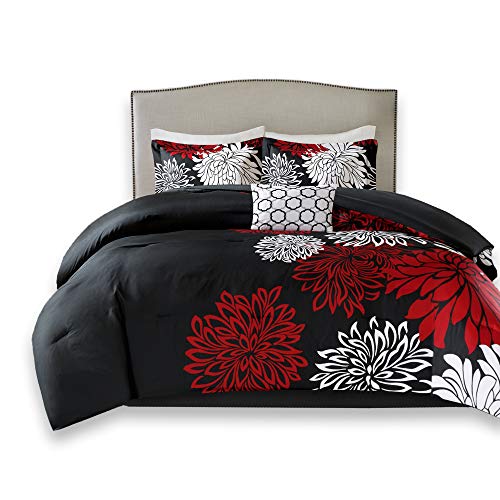 Book Cover Comfort Spaces Enya 5 Piece Comforter Set Ultra Soft Hypoallergenic Microfiber Floral Print Bedding, King, Black/Red