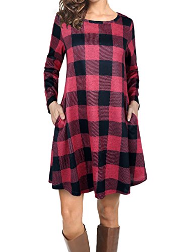 EMVANV Casual T-Shirt Dresses,Womens Flannel Dresses with Pockets,Red Black L