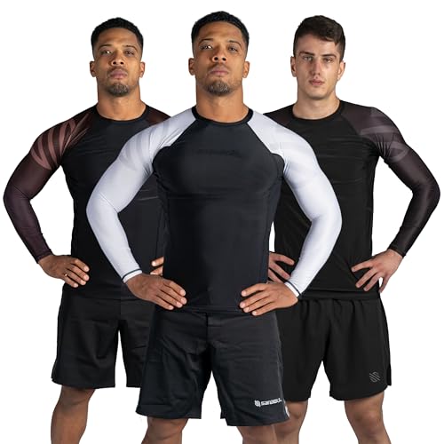 Sanabul Essential Long Sleeve Compression Training Rash Guard for MMA BJJ Wrestling Grappling and No Gi Jiu Jitsu Rashguard - White, Large