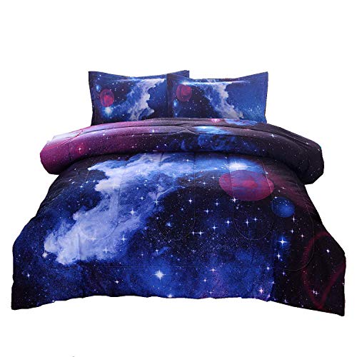 Book Cover A Nice Night Galaxy Bedding Sets Outer Space Comforter 3D Printed Space Quilt Set Full Size,for Children Boy Girl Teen Kids - Includes 1 Comforter, 2 Pillow Cases