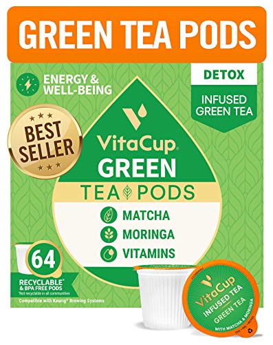 VitaCup Green Tea Pods 64ct with Matcha, Moringa, and Vitamins, Keto|Paleo|Whole30 Friendly, B1, B5, B6, B9, B12, D3 Compatible with K-Cup Brewers Including Keurig 2.0, Top Rated Tea