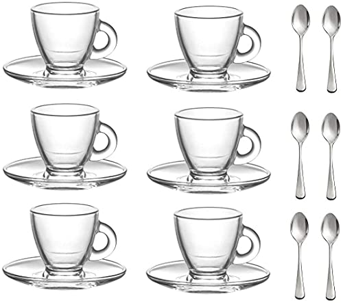 "Roma" 3.2-Ounce. Small Demitasse Clear Glass Espresso Drinkware, Set of 6 Cups/Saucers + Set of 6 Stainless Steel 18/10 mini Espresso Spoons! Hostess, Coffee Lover/Enthusiast, Espresso.