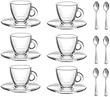 "Roma" 3.2-Ounce. Small Demitasse Clear Glass Espresso Drinkware, Set of 6 Cups/Saucers + Set of 6 Stainless Steel 18/10 mini Espresso Spoons! Hostess, Coffee Lover/Enthusiast, Espresso.