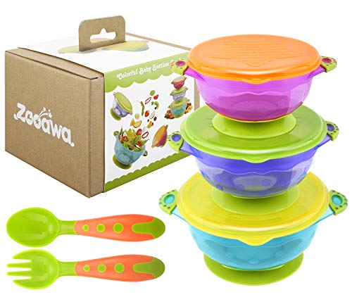 Zooawa Baby Suction Bowls + Fork Spoon Set, 3-Pack Different Size Nonslip Spill Proof Feeding Bowls with Feeding Spoon and Fork Cutlery Travel Set Training Utensils for Infant Toddler, BPA-Free